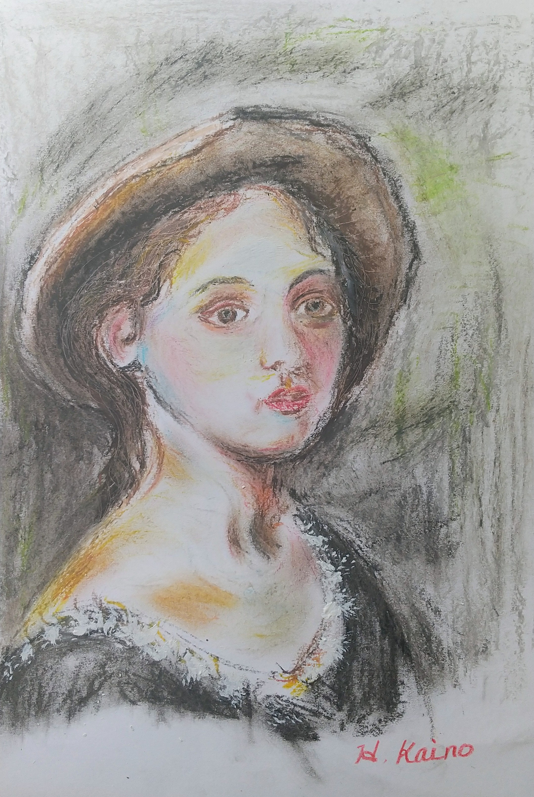 帽子が似合う少女(クレヨン画)